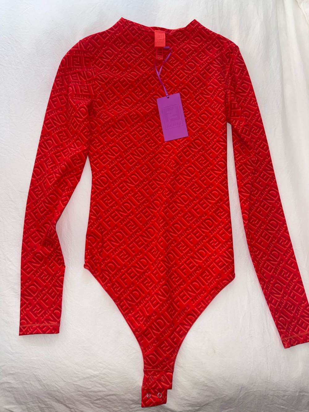 SKIMS Red Embossed Logo Long-Sleeve Bodysuit